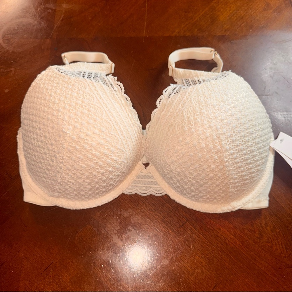 NWT – Lace Push-Up Comfort Wire Plunge Bra (Size 34DD, Beige)